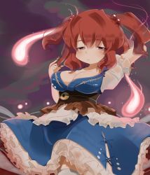 Rule 34 | 1girl, arm behind head, breasts, bunsuke, cleavage, female focus, hair bobbles, hair ornament, twirling hair, highres, hitodama, medium breasts, onozuka komachi, red eyes, red hair, short hair, solo, touhou, twintails, two side up