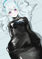 Rule 34 | 1girl, absurdres, alternate costume, bdsm, blue archive, bondage, bound, breasts, grey hair, halo, headphones, highres, large breasts, latex, long hair, looking at viewer, lying, mummification (bound), mummification (non bound), noa (blue archive), seirein (seireinnnn), solo