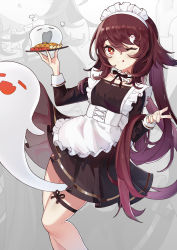 Rule 34 | 1girl, ;p, absurdres, amiemie117, apron, black dress, brown hair, dress, closed eyes, frills, genshin impact, ghost, highres, hu tao (genshin impact), licking lips, long hair, long sleeves, looking at viewer, maid, maid apron, maid headdress, one eye closed, open mouth, plate, red eyes, smile, symbol-shaped pupils, tongue, tongue out