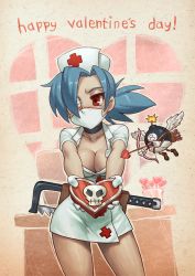 Rule 34 | + +, 1girl, arrow (projectile), averting eyes, blue hair, blush, bow (weapon), breasts, choker, cleavage, english text, eyepatch, george the bomb, gloves, hat, looking at viewer, mask, mouth mask, name connection, nurse, nurse cap, red eyes, skullgirls, speh, surgical mask, valentine, valentine (skullgirls), weapon, wings