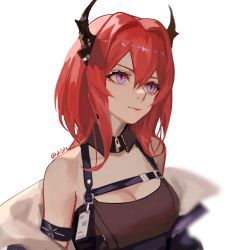 Rule 34 | 1girl, arknights, artist name, bad id, bad pixiv id, bare shoulders, breasts, cleavage, commentary, drid, hair intakes, head tilt, highres, horns, infection monitor (arknights), medium breasts, medium hair, purple eyes, red hair, simple background, smile, solo, surtr (arknights), twitter username, upper body, white background