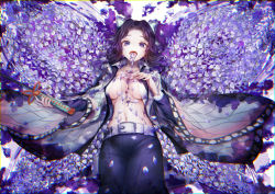 Rule 34 | 1girl, belt, belt buckle, black jacket, black pants, breasts, breasts apart, buckle, butterfly hair ornament, commentary request, flower, forehead, from side, hair ornament, hand on own chest, holding, holding sword, holding weapon, jacket, katana, kimetsu no yaiba, kochou shinobu, large breasts, long sleeves, looking at viewer, lying, mitsunari miyako, navel, no bra, on back, open clothes, open jacket, open mouth, open shirt, pants, parted bangs, petals, purple eyes, purple hair, saliva, shirt, solo, sword, tongue, tongue out, twitter username, weapon, white shirt, wide sleeves, wisteria