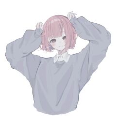 Rule 34 | 1girl, artist name, blunt bangs, blush, closed mouth, collared shirt, commentary request, cropped torso, grey sweater, highres, light smile, long sleeves, looking at viewer, niaa, ootori emu, pink eyes, pink hair, project sekai, shirt, short hair, sidelocks, simple background, sleeves past wrists, solo, sweater, upper body, white background, white shirt, wing collar