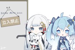 Rule 34 | 2girls, ahoge, animal, beamed eighth notes, blue dress, blue eyes, blue hair, blush stickers, bow, chibi, door, dress, dual persona, feather print, fingers together, fortissimo, frown, furrowed brow, grey eyes, hair bow, hair ornament, hairclip, hatsune miku, holding, holding animal, holding rabbit, index fingers together, japanese clothes, kimono, light blue hair, liita (dusk snow), long hair, multiple girls, musical note, musical note hair ornament, open mouth, rabbit, rabbit yukine, sign, snowflake print, standing, star (symbol), star hair ornament, striped bow, striped legwear, tassel, thigh strap, thighhighs, translated, treble clef, twintails, very long hair, vocaloid, white hair, white kimono, wide sleeves, yuki miku, yuki miku (2017), yuki miku (2018)