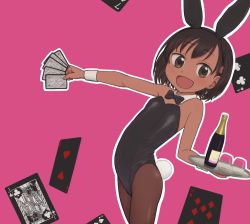 Rule 34 | animal ears, black hair, bottle, bow, bowtie, rabbit ears, rabbit tail, playboy bunny, card, child, dark skin, detached collar, fake animal ears, flat chest, leotard, looking at viewer, nitera1041, open mouth, original, pantyhose, pink background, playing card, short hair, simple background, strapless, strapless leotard, tail