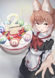 Rule 34 | alternate costume, animal ears, anniversary, apron, birthday cake, black dress, bow, bowtie, cake, collar, commentary request, dhole (kemono friends), dog ears, dog girl, dress, enmaided, extra ears, food, frilled collar, frills, high collar, highres, japari bun, japari symbol, kemono friends, kemono friends 3, koshou (g ro dorannna), light brown hair, long dress, long sleeves, looking at viewer, maid, maid apron, maid headdress, multicolored hair, official alternate costume, orange eyes, reaching, reaching towards viewer, red neckwear, short hair, two-tone hair, white apron, white hair