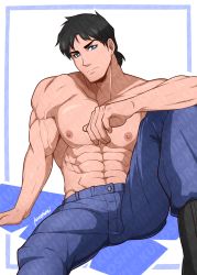 Rule 34 | 1boy, abs, absurdres, artist name, bara, black hair, blue eyes, blue pants, boots, closed mouth, dc comics, dick grayson, highres, kuroshinki, large pectorals, looking at viewer, male focus, muscular, muscular male, navel, nightwing, nipples, pants, pectorals, short hair, simple background, sitting, solo, topless male, veins, veiny arms, young justice