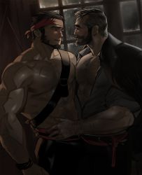 Rule 34 | 2boys, abs, arm hair, bara, beard, black pants, blush, chest hair, chest harness, couple, dopey (dopq), eye contact, facial hair, hand on another&#039;s waist, harness, headband, highres, large pectorals, looking at another, male focus, mature male, multiple boys, muscular, muscular male, night, nipples, open clothes, open shirt, original, pants, pectoral docking, pectoral press, pectorals, pirate, rope, scar, scar on arm, scar on chest, short hair, stomach, sweat, thick eyebrows, topless male, yaoi