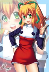 Rule 34 | 1girl, :d, absurdres, android, blonde hair, blue border, border, buttons, capcom, collared dress, cowboy shot, dated, dress, eyebrows, felipe artworks, frilled skirt, frills, green eyes, green ribbon, hair between eyes, hair ribbon, hand on own hip, hand up, highres, index finger raised, long sleeves, mega man (classic), mega man (series), mega man 8, miniskirt, open mouth, outside border, ponytail, red dress, ribbon, roll (mega man), shiny skin, sidelocks, signature, simple background, skirt, smile, solo, tareme, teeth, thighs, upper teeth only, white background, zoom layer