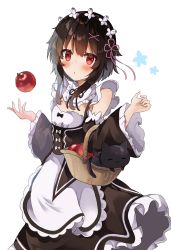 Rule 34 | 1girl, :o, absurdres, apple, apron, basket, black bow, black ribbon, blush, bow, brown dress, brown hair, cat, chomusuke, collar, commentary request, cosplay, detached collar, detached sleeves, dress, flat chest, food, frilled collar, frilled dress, frilled sleeves, frills, fruit, hair ornament, hair ribbon, hands up, highres, holding, kono subarashii sekai ni shukufuku wo!, long sleeves, looking at viewer, maid, maid apron, maid headdress, megumin, neck ribbon, open mouth, pink ribbon, red apple, red eyes, rem (re:zero), rem (re:zero) (cosplay), ribbon, roswaal mansion maid uniform, short hair, simple background, white apron, white background, white bow, wide sleeves, x hair ornament, yuno (suke yuno)