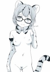 Rule 34 | 1girl, adjusting eyewear, animal ear fluff, animal ears, blue theme, blush, breasts, cat ears, cat girl, cat tail, cleft of venus, collarbone, contrapposto, cowboy shot, dot nose, extra ears, female pubic hair, frown, gloves, gluteal fold, hand on own hip, highres, kemono friends, looking at viewer, margay (kemono friends), margay print, masuyama ryou, monochrome, navel, nipples, nude, print gloves, print neckwear, pubic hair, pussy, short hair, small breasts, solo, standing, tail, thigh gap, uncensored