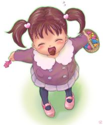 Rule 34 | 1girl, basket, blush, brown hair, candy, child, coat, closed eyes, food, hair ornament, hair tie, happy, ironashi, leggings, mary janes, shoes, short hair, simple background, skirt, sweets, tongue, twintails