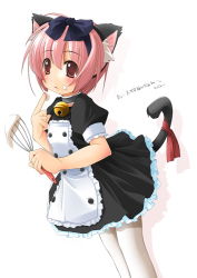 Rule 34 | 1girl, animal ear fluff, animal ears, bad anatomy, bad hands, bell, blush, bow, cat ears, cat tail, child, choker, cowboy shot, food, food on face, hair bow, jingle bell, maid, original, pantyhose, pink hair, poorly drawn, red eyes, ribbon, shibacha, short hair, solo, tail, tail ornament, tail ribbon, whisk, white background