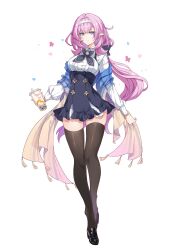 Rule 34 | 1girl, absurdres, black footwear, black skirt, black thighhighs, blue eyes, breasts, chinese commentary, closed mouth, commentary, commentary request, cup, elf, elysia (coco) (honkai impact), elysia (honkai impact), frills, full body, high-waist skirt, highres, holding, holding cup, honkai (series), honkai impact 3rd, loafers, long hair, long sleeves, looking at viewer, medium breasts, ovosaki, pink hair, pink pupils, pointy ears, ponytail, shawl, shirt, shoes, simple background, skirt, smile, solo, standing, thighhighs, transparent background, white background, white shirt, zettai ryouiki