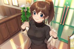 Rule 34 | 1girl, beige jacket, black sweater, blue eyes, blurry, blush, breasts, brown hair, brown scrunchie, checkered floor, closed mouth, commentary request, depth of field, door, earrings, from above, fur-trimmed jacket, fur trim, hair ornament, hair scrunchie, hands up, high ponytail, idolmaster, idolmaster million live!, indoors, jacket, jewelry, kamille (vcx68), light particles, long sleeves, looking at viewer, medium breasts, medium hair, necklace, off shoulder, open clothes, open jacket, pendant, picture frame, plant, ponytail, potted plant, restaurant, ribbed sweater, satake minako, scrunchie, sidelocks, smile, solo, standing, sweater, turtleneck, turtleneck sweater, undressing, upper body