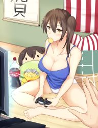 Rule 34 | 10s, 1girl, absurdres, alternate costume, bad id, bad pixiv id, bag, bare shoulders, barefoot, black hair, blush, bottle, breasts, brown eyes, brown hair, camisole, casual, character doll, chips (food), cleavage, coca-cola, controller, covered erect nipples, eating, feet, food, food in mouth, game console, game controller, glowing, hair between eyes, highres, holding, indian style, indoors, kaga (kancolle), kantai collection, large breasts, legs, long hair, looking at viewer, mouth hold, no bra, o o, panties, parted bangs, playing games, playstation 4, potato chips, pov, scroll, side ponytail, sitting, soda, soda bottle, solo focus, spread legs, striped, sweatdrop, television, thighs, underwear, underwear only, wangphing, white panties, wireless