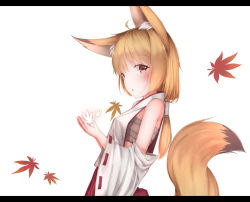 Rule 34 | 1girl, animal ears, autumn leaves, bad id, bad pixiv id, bare shoulders, blonde hair, detached collar, fox ears, fox tail, hakama, hakama skirt, highres, japanese clothes, letterboxed, long hair, looking at viewer, low ponytail, miko, original, red eyes, rerrere, ribbon-trimmed sleeves, ribbon trim, sarashi, shirt, skirt, solo, tail, wide sleeves