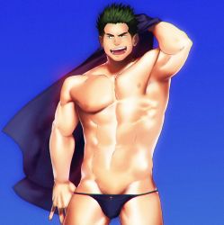 Rule 34 | 1boy, :d, abs, armpits, bad id, bad pixiv id, bara, bikini briefs, blue male underwear, boxer (danshikobo), bulge, green hair, groin, holding, holding clothes, holding jacket, jacket, large pectorals, male focus, male underwear, muscular, navel, nipples, open mouth, original, pectorals, short hair, simple background, smile, solo, spiked hair, thighs, tongue, underwear, underwear only, undressing