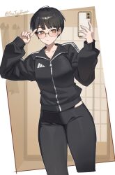 Rule 34 | 1girl, :/, black hair, black jacket, black pants, blush, brown eyes, cellphone, closed mouth, commentary, cropped legs, dutch angle, english commentary, glasses, hands up, highres, holding, holding phone, index finger raised, jacket, long sleeves, looking at viewer, original, pants, phone, puffy long sleeves, puffy sleeves, short hair, sin (sintrybest), smartphone, solo, tomboy, track jacket, twitter username, yoga pants, zipper pull tab