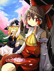 Rule 34 | 2girls, blonde hair, bohemian archive in japanese red, bottle, bow, broom, brown hair, cherry blossoms, detached sleeves, closed eyes, female focus, hair bow, hakurei reimu, hat, japanese clothes, kirisame marisa, long hair, maturiuta sorato, miko, multiple girls, petals, red eyes, sitting, smile, touhou, witch, witch hat