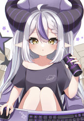 Rule 34 | 1girl, :o, absurdres, ahoge, alternate costume, alternate hairstyle, black horns, black shirt, blush, braid, braided bangs, demon girl, demon horns, energy drink, grey hair, highres, hololive, horns, keyboard (computer), la+ darknesss, long hair, looking at viewer, mouse (computer), multicolored hair, oversized clothes, oversized shirt, parted lips, pointy ears, purple hair, purple horns, rqxui, shirt, solo, streaked hair, striped horns, surprised, t-shirt, tail, virtual youtuber, yellow eyes