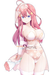 Rule 34 | 1girl, ahoge, arms behind back, artist name, bouquet, bra, breasts, cleavage, closed mouth, commentary, cowboy shot, elbow gloves, english commentary, flower, garter straps, gloves, go-toubun no hanayome, hair between eyes, hair ornament, hand on own arm, holding, holding bouquet, hot vr, large breasts, legs together, long hair, looking at viewer, nakano itsuki, paid reward available, panties, pink thighhighs, pixiv username, simple background, solo, standing, star (symbol), star hair ornament, thighhighs, underwear, underwear only, veil, white background, white bra, white gloves