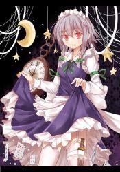Rule 34 | 1girl, bow, braid, card, clothes lift, efe, embodiment of scarlet devil, female focus, garter straps, hair bow, izayoi sakuya, knife, maid, maid headdress, md5 mismatch, moon, playing card, pocket watch, red eyes, skirt, skirt hold, skirt lift, solo, star (symbol), thighhighs, throwing knife, touhou, watch, weapon