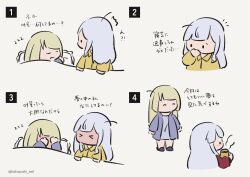 Rule 34 | &gt; &lt;, 2girls, ^^^, ^ ^, assault lily, black footwear, blanket, blonde hair, blunt bangs, blush, chibi, closed eyes, coffee, comic, covering face, covering own mouth, cropped torso, cup, frilled pillow, frills, full-face blush, grey background, grey hair, grey shirt, hair down, hand over own mouth, hand up, hands on own face, hands up, highres, holding, holding cup, implied yuri, kabayaki (kabayaki eel), kanba girls high school uniform, kon kanaho, long hair, long sleeves, looking at another, looking away, looking to the side, lying, miyagawa takane, mug, multiple girls, no mouth, nose blush, notice lines, on back, on side, open clothes, open shirt, pajamas, parted lips, pillow, profile, red shirt, school uniform, shirt, sidelocks, simple background, sleep talking, sleeping, slippers, solid oval eyes, standing, steam, translated, twitter username, under covers, yellow pajamas, yellow shirt, zzz