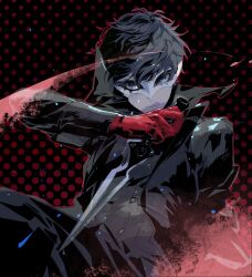 Rule 34 | 1boy, amamiya ren, arsene (persona 5), black hair, black jacket, blue eyes, closed mouth, cofffee, gloves, high collar, holding, holding weapon, jacket, male focus, mask, masquerade mask, persona, persona 5, red gloves, short hair, weapon, white mask
