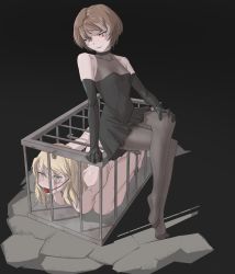 Rule 34 | 2girls, absurdres, arms behind back, ball gag, bdsm, black dress, black gloves, blonde hair, blue eyes, bondage, bound, bound legs, bound wrists, breasts, broken, brown eyes, brown hair, cage, captured, clothed female nude female, collar, crying, crying with eyes open, dress, drooling, elbow gloves, female focus, femdom, fragment, gag, gagged, gloves, highres, leather, leather gloves, lipstick, long hair, makeup, medium breasts, medium hair, multiple girls, nude, original, pantyhose, restrained, sitting, skirt, slave, small breasts, smile, tears, yuri