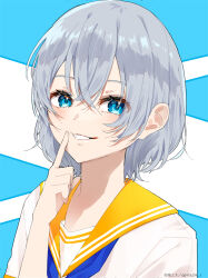 Rule 34 | 1girl, absurdres, blue background, blue eyes, blue neckerchief, cheek poking, clenched teeth, commentary, crossed bangs, double-parted bangs, grey hair, hair between eyes, highres, looking at viewer, medium hair, neckerchief, original, poking, poking self, sailor collar, school uniform, serafuku, shadow, shirt, short sleeves, sidelocks, smile, solo, teeth, upper body, white background, white shirt, ya29 i, yellow sailor collar