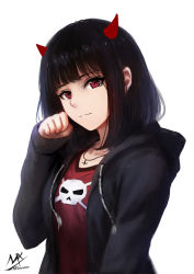 Rule 34 | 1girl, artist name, black hair, blunt bangs, closed mouth, cross, cross necklace, drawstring, eyelashes, highres, hood, hood down, hooded jacket, horns, jacket, jewelry, long hair, long sleeves, looking at viewer, necklace, open clothes, open jacket, original, paw pose, pendant, print shirt, red eyes, red shirt, shimmer, shirt, signature, simple background, skull print, smile, solo, tsurime, upper body, v-neck, white background
