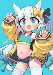 Rule 34 | 1girl, aqua eyes, bare shoulders, blue background, blue shirt, blush, bow, breasts, claw pose, collarbone, commentary request, cropped shirt, denim, denim shorts, fang, hair bow, highres, jacket, long hair, long sleeves, looking at viewer, micro shorts, nanatsuta, navel, open mouth, original, pointy ears, puffy long sleeves, puffy sleeves, shirt, shorts, signature, simple background, sleeveless, sleeveless shirt, sleeves past wrists, small breasts, solo, tank top, thighhighs, twintails, white hair, white thighhighs, yellow bow, yellow jacket
