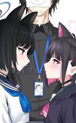 Rule 34 | 1boy, 2girls, animal ears, black choker, black eyes, black hair, black jacket, black shirt, blue archive, blue neckerchief, blue sailor collar, cat ears, cat girl, choker, collared shirt, colored inner hair, commentary request, doodle sensei (blue archive), hair ornament, hairclip, halo, highres, jacket, kazusa (blue archive), kikyou (blue archive), lanyard, looking at another, multicolored hair, multiple girls, neckerchief, nichijo, pink eyes, pink hair, pink neckerchief, sailor collar, school uniform, sensei (blue archive), serafuku, shirt, short hair, sidelocks, sweat, upper body, white background, white serafuku