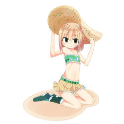 Rule 34 | 1girl, :q, bare shoulders, blonde hair, boots, chips (food), flat chest, food, green eyes, kanikama, knee boots, kneeling, looking at viewer, midriff, miniskirt, navel, original, oversized object, personification, pleated skirt, potato chips, seiza, short hair, simple background, sitting, skirt, solo, strapless, tongue, tongue out, tube top, white background