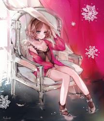 Rule 34 | 1girl, angel, angel wings, ankle ribbon, ankle socks, armchair, babydoll, bad id, bad pixiv id, brown hair, chair, choker, collarbone, curtains, feathers, frozen, grey eyes, headband, holding, holding own hair, ice, leg ribbon, mini wings, original, petite, ribbon, short hair, sitting, sitting on pillow, snow, snowflakes, socks, solo, thighhighs, tukino (panna), white upholstery, wings