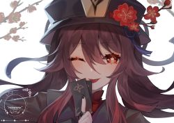 Rule 34 | 1girl, ;p, absurdres, althea jade, brown hair, flower, genshin impact, hat, highres, hu tao (genshin impact), looking at viewer, nail polish, one eye closed, plum blossoms, red eyes, solo, ticket, tongue, tongue out, twintails