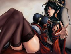 Rule 34 | 1girl, ain, ain (artist), ass, black hair, blue eyes, breasts, cameltoe, china dress, chinese clothes, dress, earrings, formal, green eyes, hair ornament, hat, jewelry, large breasts, lipstick, long hair, makeup, mole, oui (character), panties, pantyshot, sangokushi taisen, solo, thighhighs, underwear