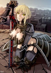 Rule 34 | 1girl, ahoge, alternate breast size, armor, armored dress, artoria pendragon (all), artoria pendragon (fate), as109, bad id, bad pixiv id, black thighhighs, blonde hair, boots, breasts, cityscape, cleavage, dress, excalibur morgan (fate), fate/stay night, fate (series), garter straps, gauntlets, hand on hilt, kneeling, large breasts, looking at viewer, planted, planted sword, planted weapon, saber (fate), saber alter, seiza, signature, sitting, sky, solo, sword, thigh boots, thighhighs, type-moon, weapon, yellow eyes