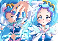 Rule 34 | 2girls, arm warmers, blue eyes, blue hair, blue ribbon, blue skirt, blush, bow, breasts, cure mermaid, earrings, eyebrows, go! princess precure, hair ribbon, highres, jewelry, kaidou minami, long hair, magical girl, midriff, multiple girls, multiple persona, navel, open mouth, precure, ribbon, s-operator, shell, shell earrings, simple background, skirt, small breasts, solo, upper body, very long hair, waist bow, water, white background