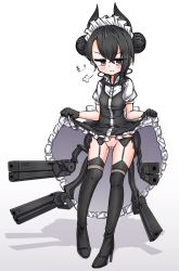 Rule 34 | 1girl, agent (girls&#039; frontline), black footwear, black gloves, black hair, black thighhighs, blush, boots, clothes lift, double bun, dress, dress lift, female focus, frilled dress, frills, full body, garter belt, garter straps, girls&#039; frontline, gloves, grey eyes, gun, hair bun, headgear, high heel boots, high heels, highres, jokebag, lifted by self, maid, maid headdress, no panties, puffy short sleeves, puffy sleeves, pussy, sangvis ferri, short hair, short sleeves, simple background, single sidelock, solo, standing, thigh boots, thighhighs, uncensored, weapon, white background