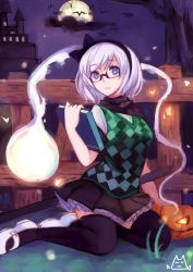 Rule 34 | 1girl, alternate costume, argyle, argyle clothes, argyle sweater vest, bespectacled, black thighhighs, blue eyes, book, breasts, contemporary, fence, full moon, glasses, green vest, hair ribbon, halloween, highres, jack-o&#039;-lantern, katana, konpaku youmu, konpaku youmu (ghost), looking at viewer, mary janes, moon, night, ribbon, ryuuno6, scarf, shirt, shoes, silver hair, sitting, skirt, sky, solo, sweater, sweater vest, sword, thighhighs, touhou, vest, weapon, white footwear, zettai ryouiki