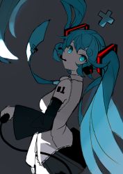Rule 34 | 1girl, absurdres, black skirt, blue eyes, blue hair, blue necktie, cable, detached sleeves, floating hair, grey background, hatsune miku, highres, l (1175492361), long hair, looking back, marker (medium), necktie, shoulder tattoo, skirt, solo, spot color, tattoo, traditional media, twintails, vocaloid
