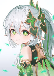 Rule 34 | 1girl, absurdres, back, bare shoulders, blush, cloak, closed mouth, cross-shaped pupils, detached sleeves, dress, from behind, genshin impact, gradient background, green cloak, green eyes, green hair, grey background, grey dress, grey hair, hair between eyes, hair ornament, highres, long hair, looking at viewer, looking back, multicolored hair, nahida (genshin impact), petals, pointy ears, ponytail, short sleeves, sidelocks, simple background, solo, standing, symbol-shaped pupils, teeth, two-tone hair, white background, yuu maraa