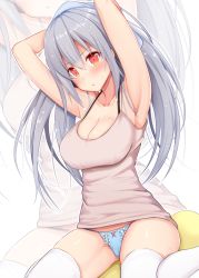 Rule 34 | 1girl, :o, armpits, arms behind head, arms up, blue panties, blush, bra strap, breasts, camisole, cleavage, colored eyelashes, copyright request, crossed arms, drying, drying hair, feet out of frame, highres, large breasts, long hair, looking at viewer, multicolored eyes, panties, parted lips, shiny skin, silver hair, sitting, sleeveless, solo, sweat, takeyuu, tareme, thighhighs, thighs, towel, underwear, very long hair, wariza, white thighhighs, yellow eyes, zoom layer