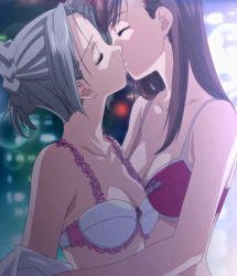 Rule 34 | 00s, 2girls, age difference, blue hair, bra, brown hair, closed eyes, couple, frilled bra, frills, hayato kyouko, kiss, lingerie, long hair, multiple girls, naitou momoko, screencap, shoujo sect, stitched, teacher, teacher and student, third-party edit, underwear, undressing, yuri