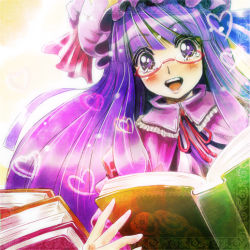 Rule 34 | 1girl, bespectacled, book, colorful, female focus, glasses, happy, hat, heart, opengear, patchouli knowledge, solo, touhou, upper body