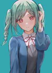 Rule 34 | 1girl, absurdres, adjusting hair, artist name, blue jacket, closed mouth, collared shirt, commentary request, green background, highres, jacket, light green hair, long sleeves, love live!, love live! superstar!!, medium hair, neck ribbon, notinversion, onitsuka tomari, open clothes, open jacket, red eyes, red ribbon, ribbon, school uniform, shirt, simple background, solo, twintails, upper body, white shirt, yuigaoka school uniform