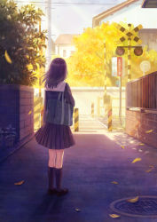 Rule 34 | 1girl, absurdres, autumn, autumn leaves, bag, black footwear, black hair, black socks, black serafuku, black shirt, black skirt, commentary request, day, duffel bag, facing away, fence, from behind, highres, house, kneehighs, loafers, long hair, long sleeves, manhole, medium skirt, motion blur, original, outdoors, path, plant, pleated skirt, potted plant, railroad crossing, railroad signal, railroad tracks, road, road sign, romiy, sailor collar, scenery, school bag, school uniform, serafuku, shade, shirt, shoes, sign, skirt, socks, solo, standing, sunlight, town, translation request, tree, white sailor collar