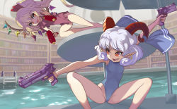 Rule 34 | 2girls, adapted costume, blonde hair, crystal, curly hair, earrings, fang, flandre scarlet, highres, holding, holding spork, horizontal pupils, horn ornament, horn ribbon, horns, jewelry, medium hair, multiple girls, no headwear, one side up, pointy ears, pool, rectangular pupils, red eyes, red horns, ribbon, sharp teeth, sheep horns, slit pupils, smile, spork, swimsuit, syope, table, teeth, touhou, toutetsu yuuma, umbrella, water gun, white hair, wings